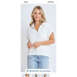 Stella V Neck Collar White Knit Honeycomb Cap Sleeves Retro L